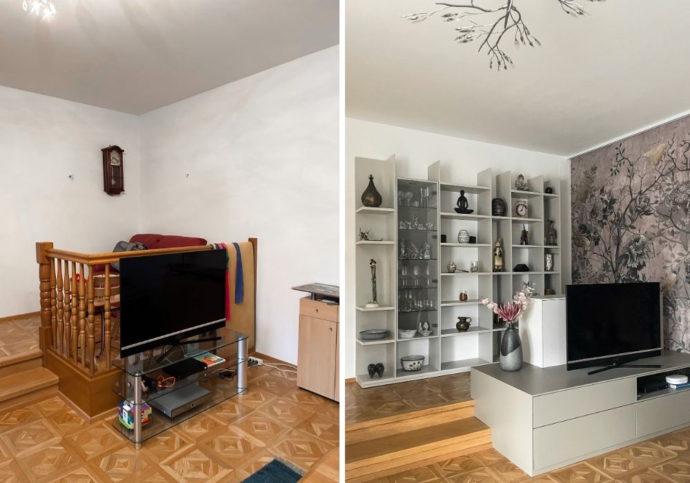 Vorher-Nachher-Vergleich einer Raumgestaltung mit modernem Facelifting – Wohnatelier im Schlossquartier in Eisenstadt